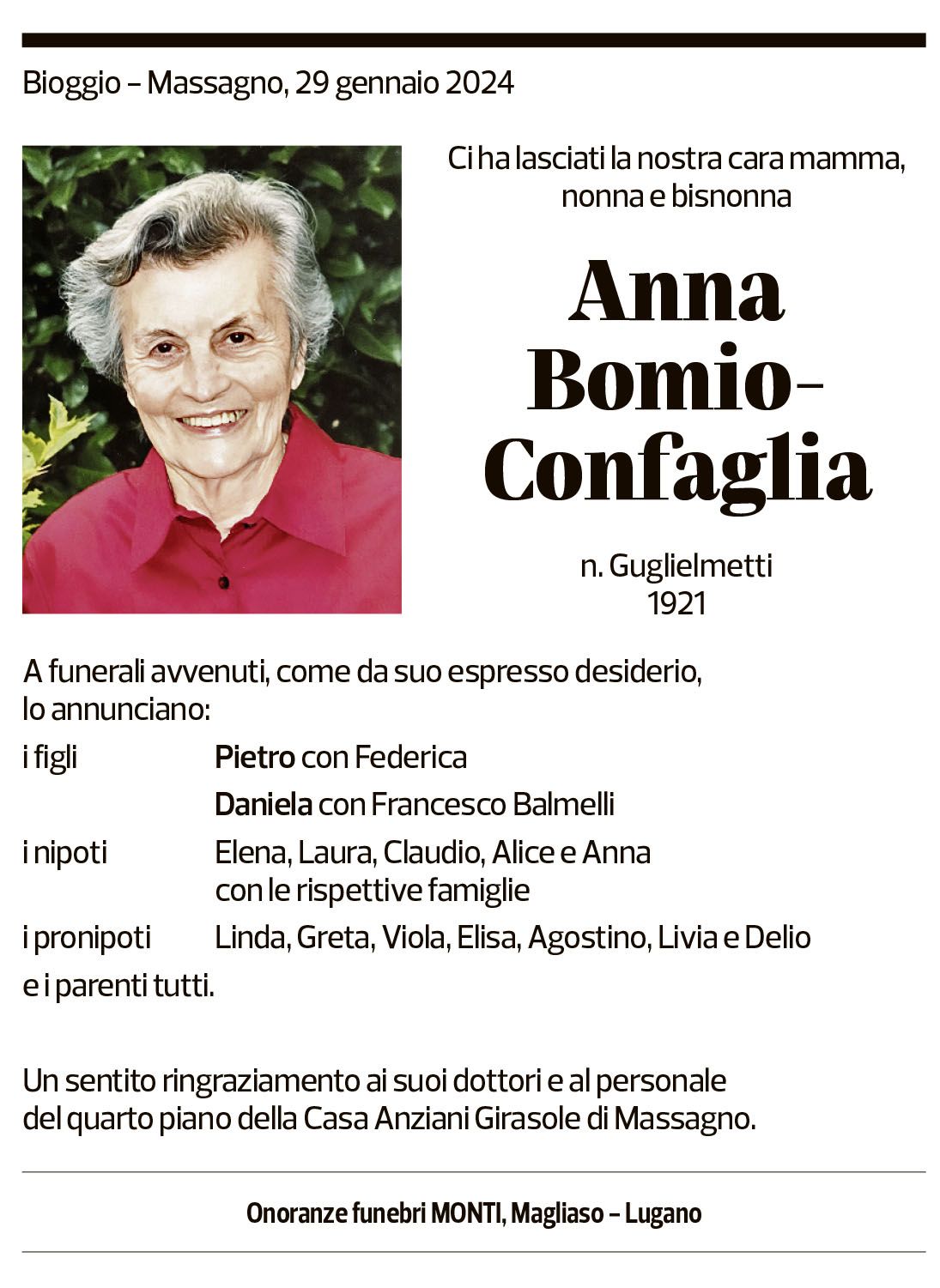 Annuncio funebre Anna Bomio Confaglia