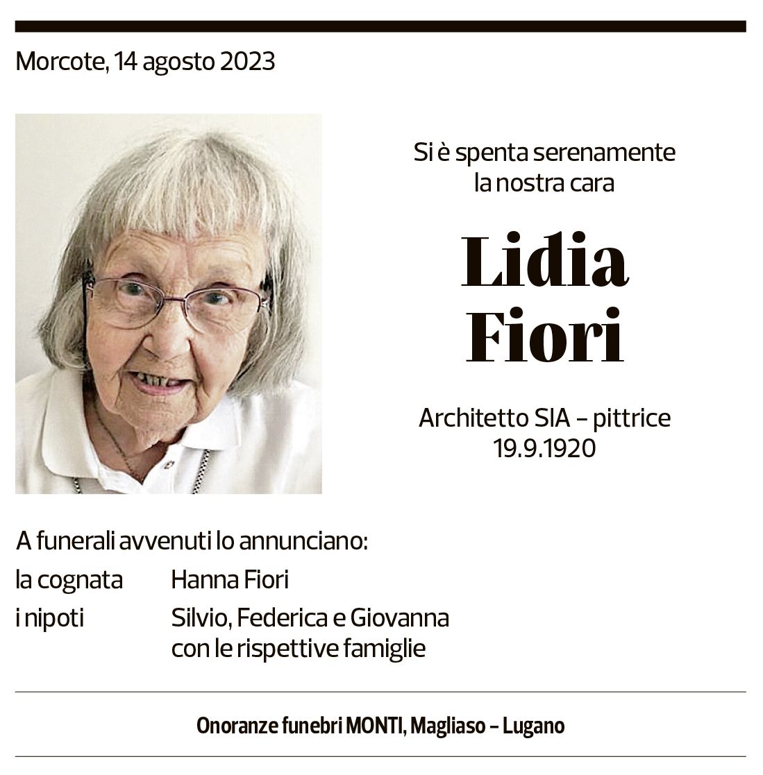 Annuncio funebre Lidia Fiori