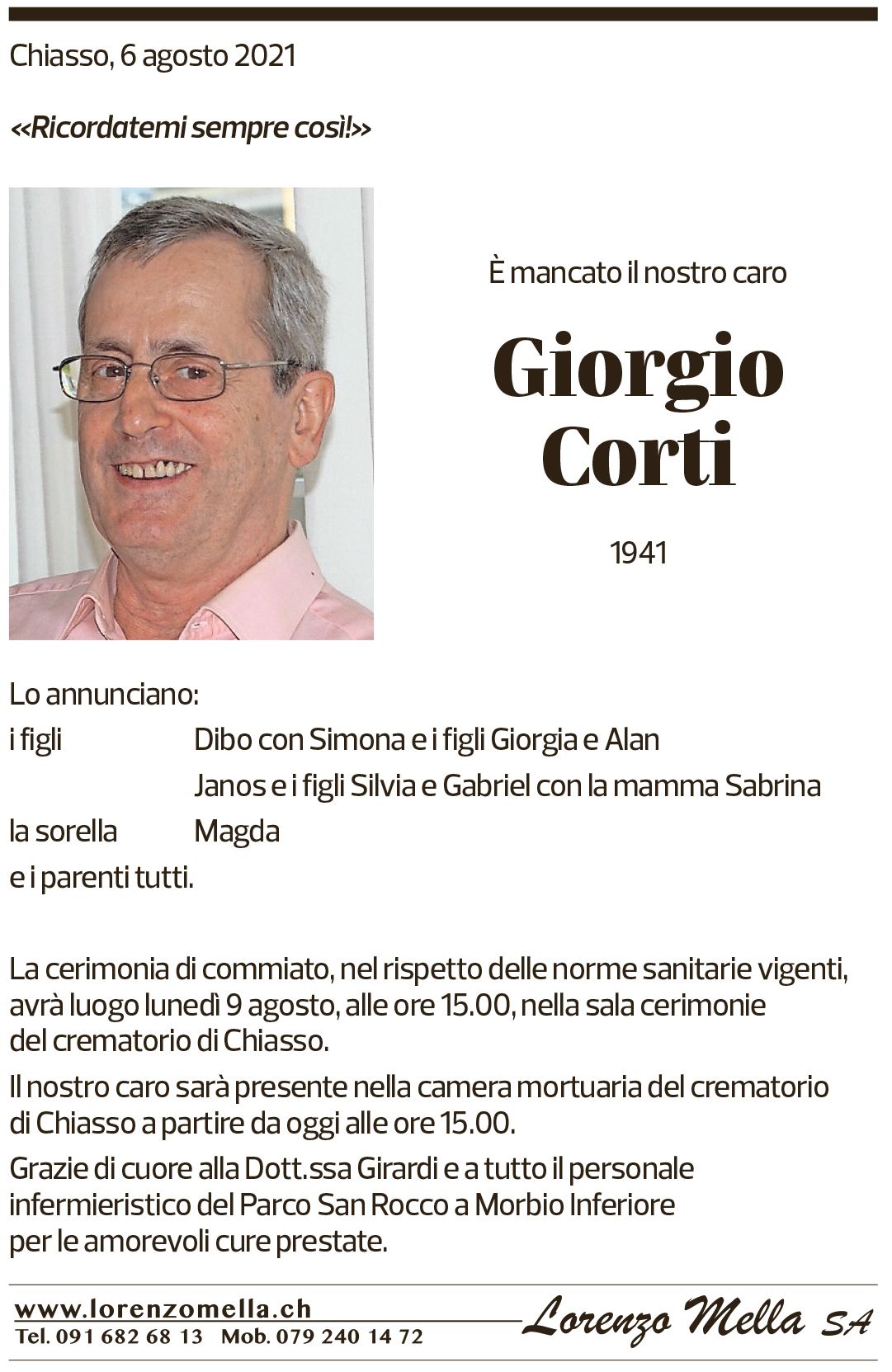 Annuncio funebre Giorgio Corti