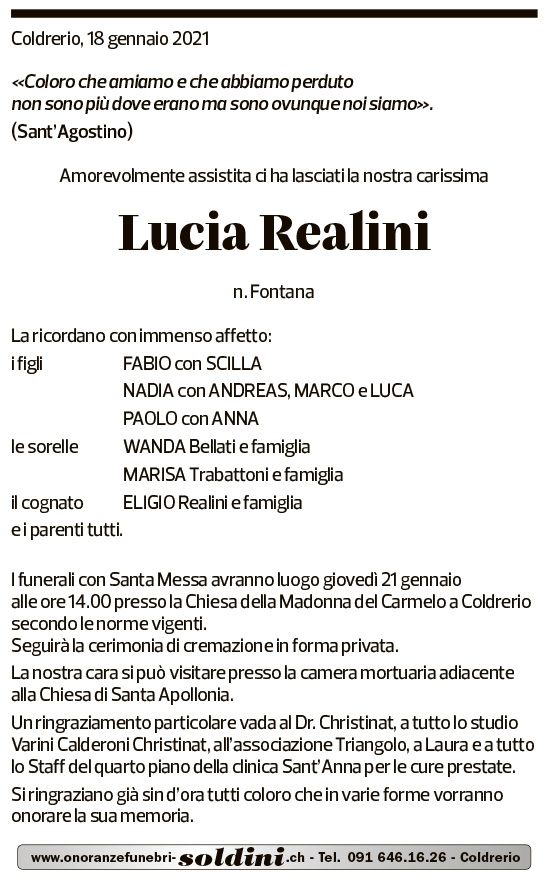 Annuncio funebre Lucia Realini