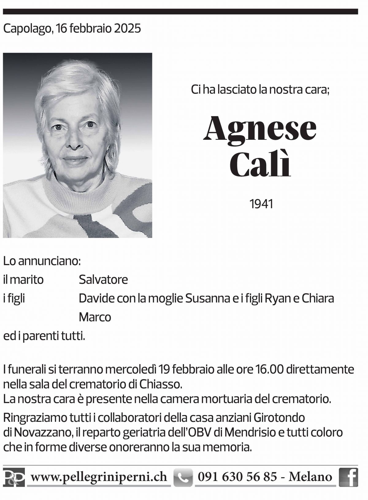 Annuncio funebre Agnese Calì