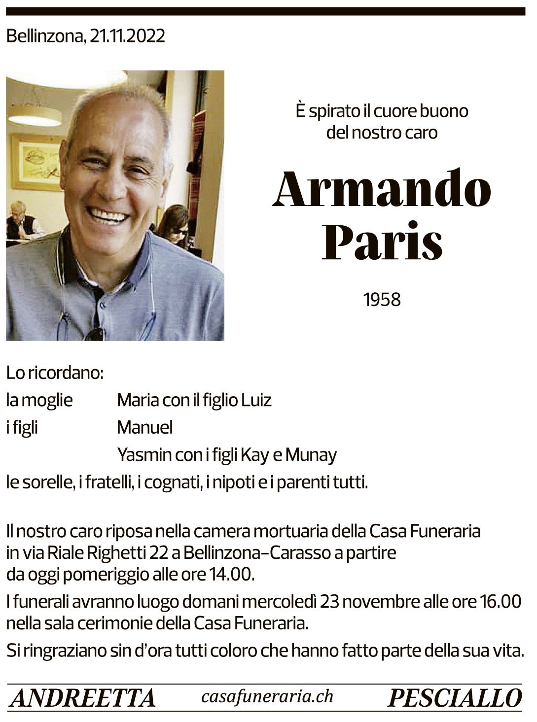 Annuncio funebre Armando Paris