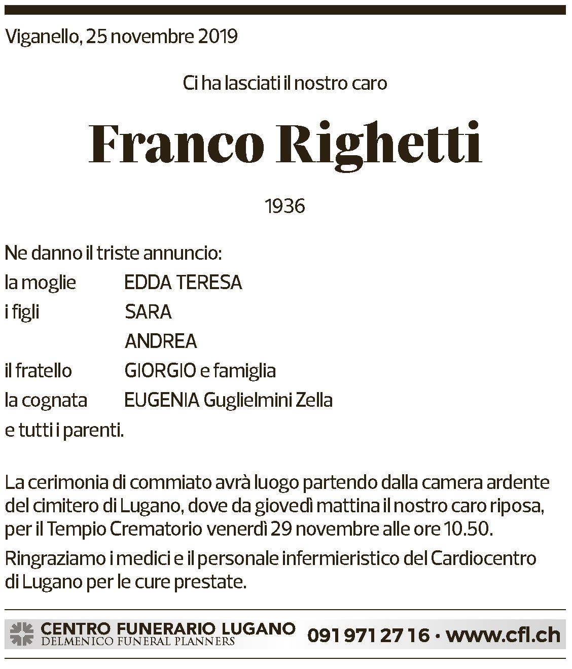 Annuncio funebre Franco Righetti