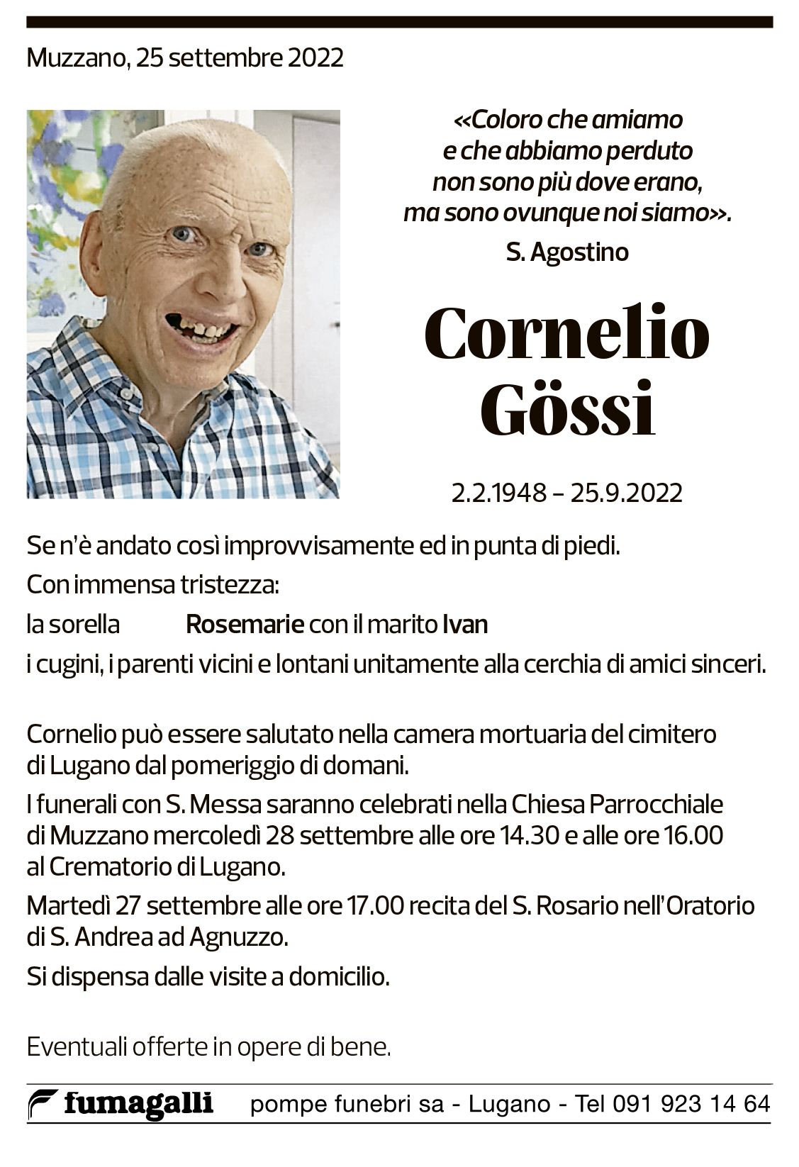 Annuncio funebre Cornelio Gössi