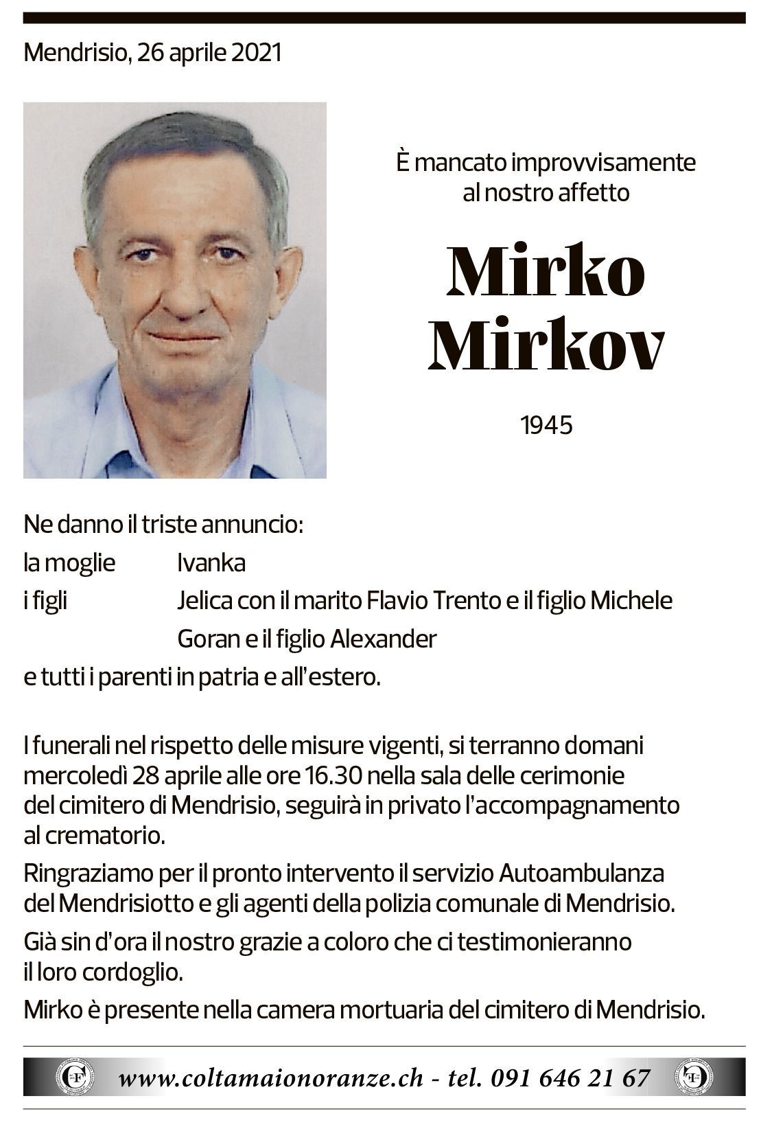 Annuncio funebre Mirko Mirkov