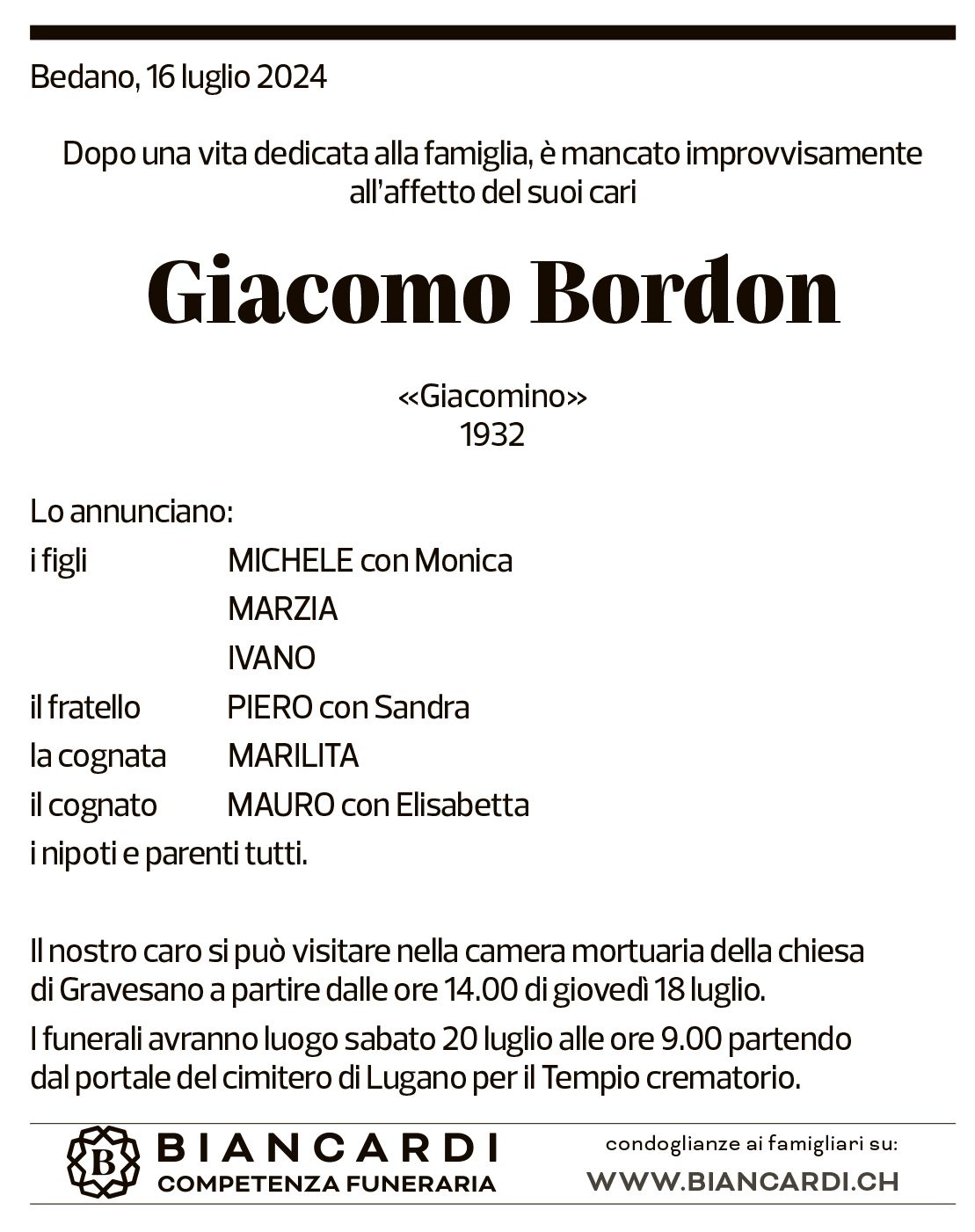 Annuncio funebre Giacomo Bordon