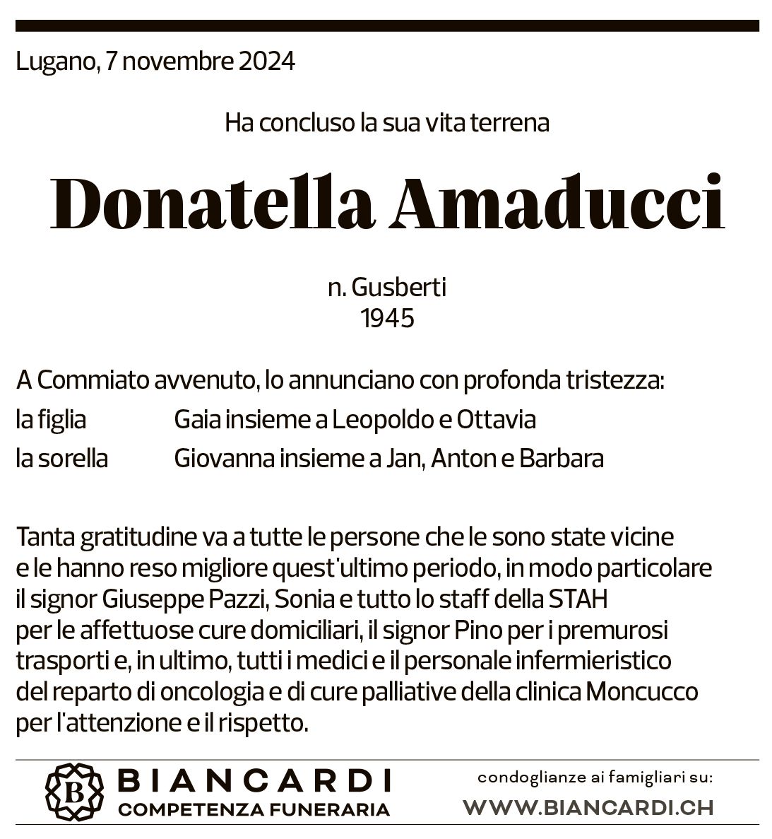 Annuncio funebre Donatella Amaducci