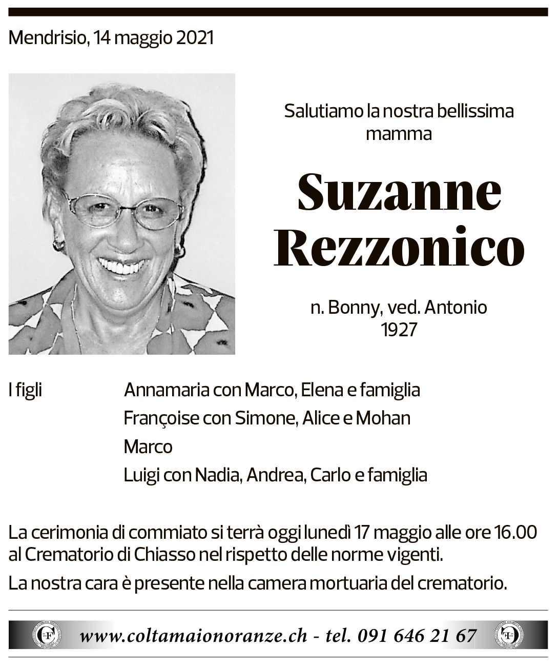 Annuncio funebre Suzanne Rezzonico