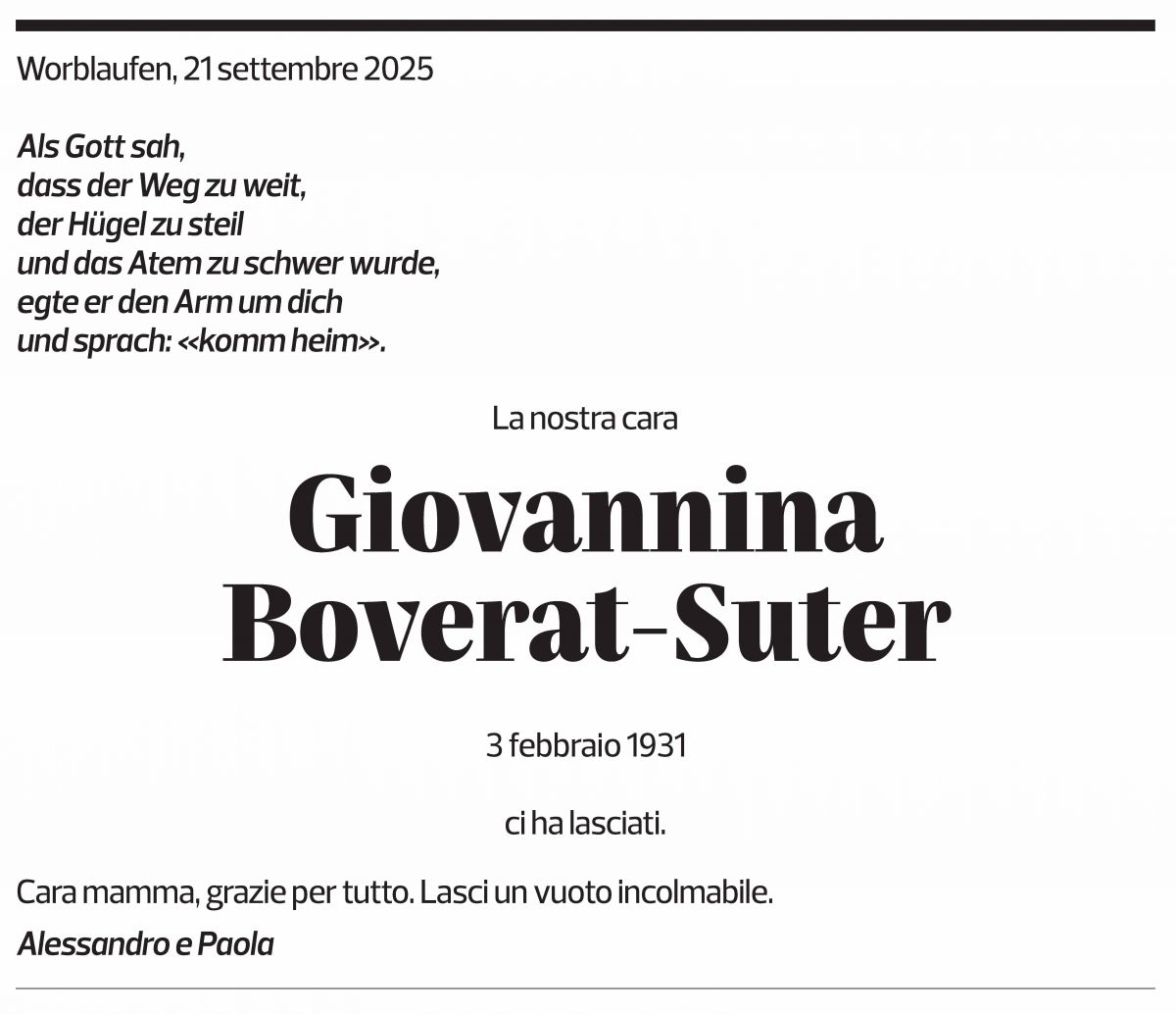 Annuncio funebre Giovannina Boverat-suter