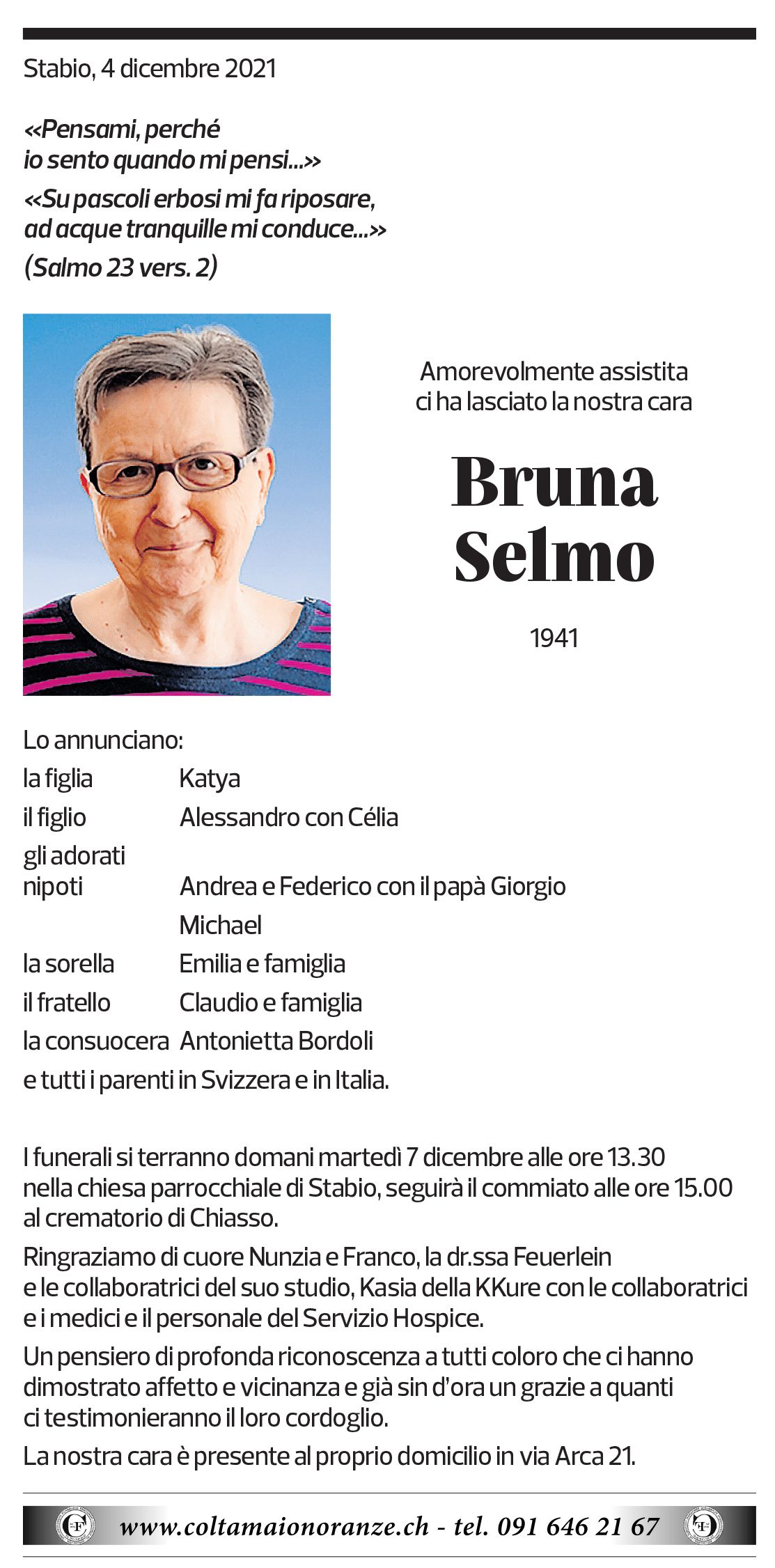 Annuncio funebre Bruna Selmo