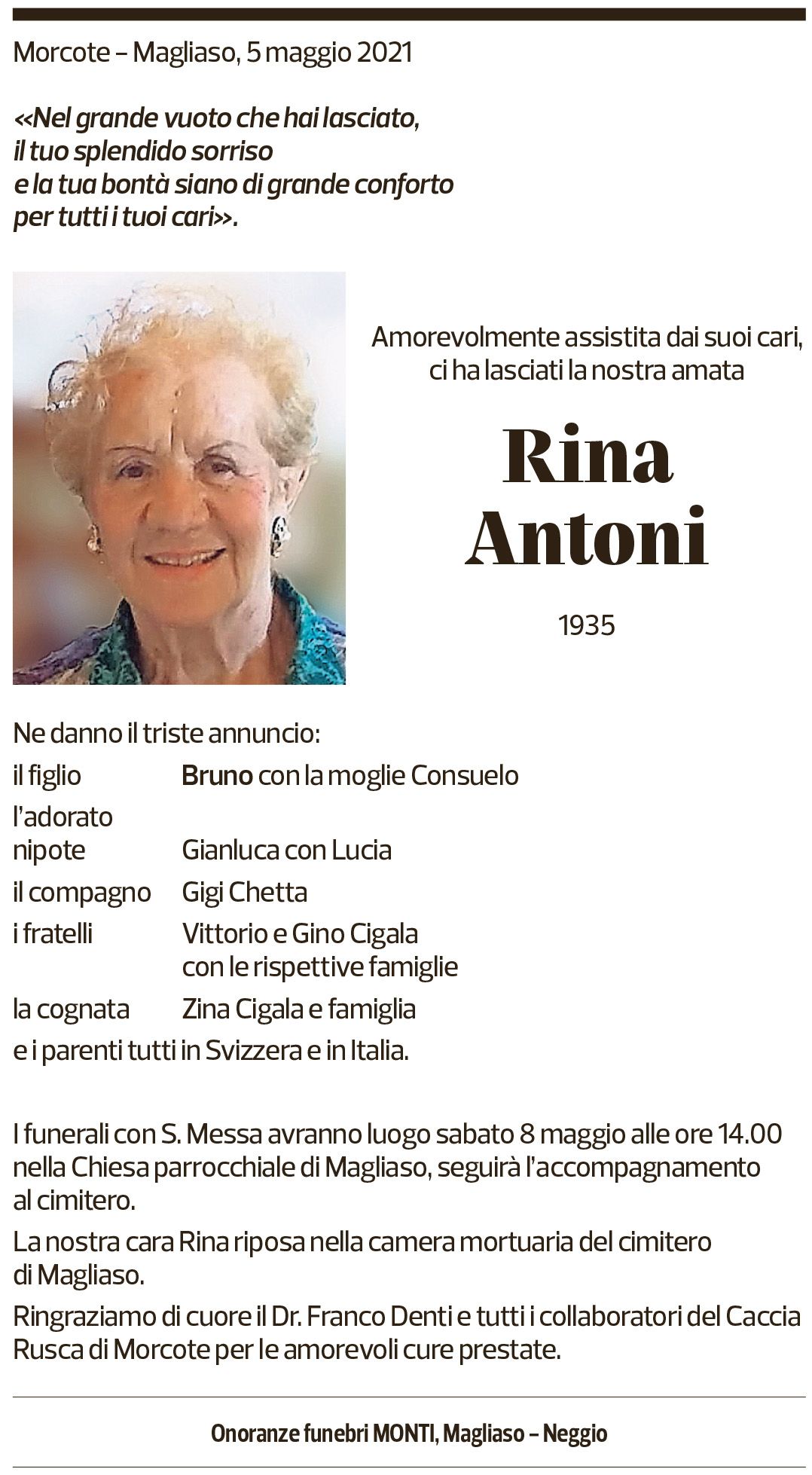 Annuncio funebre Rina Antonini