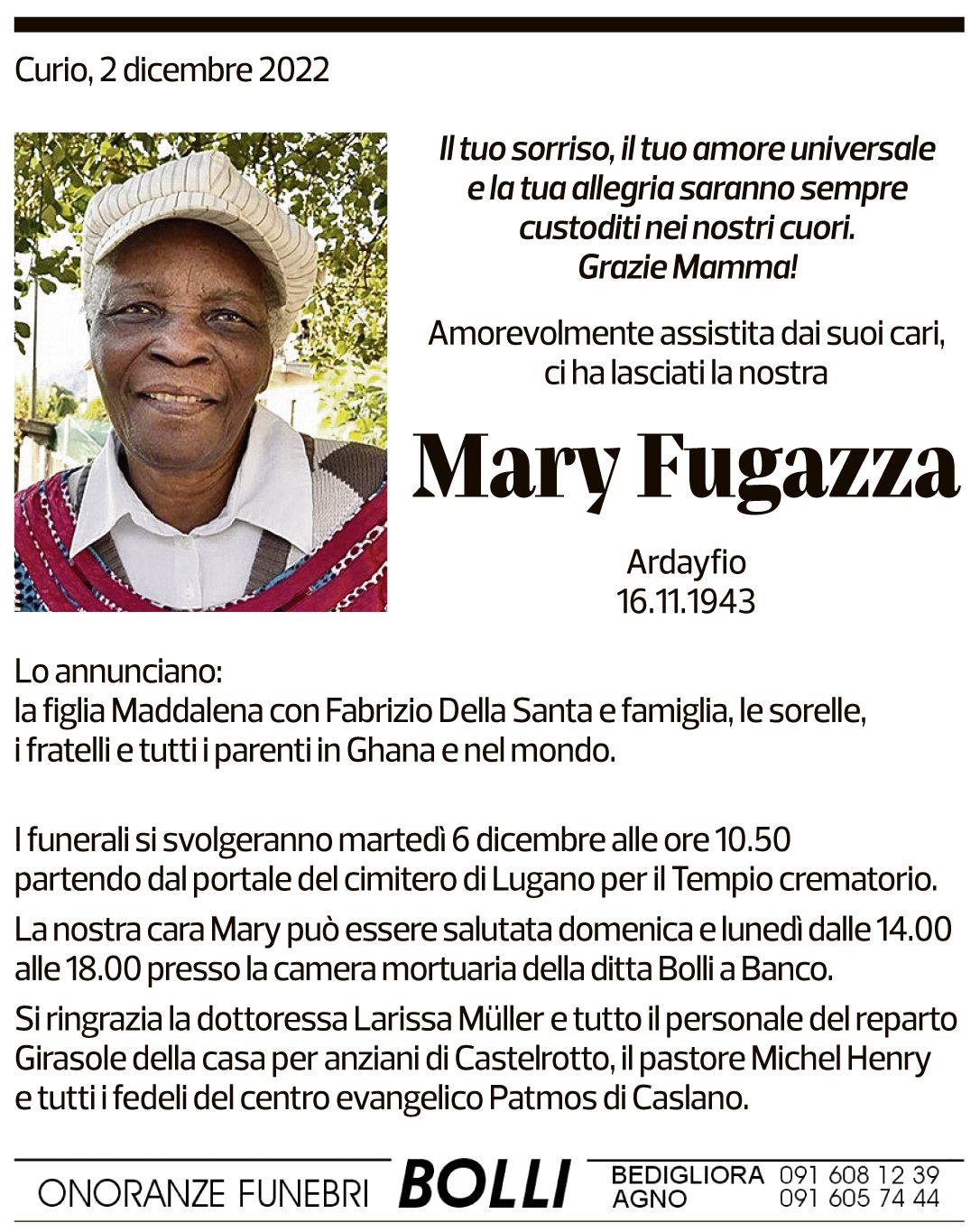 Annuncio funebre Mary Fugazza