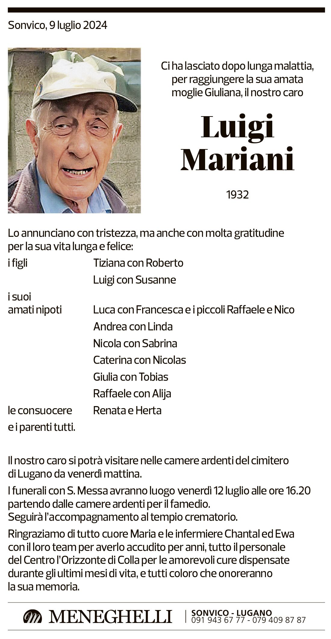 Annuncio funebre Luigi Mariani