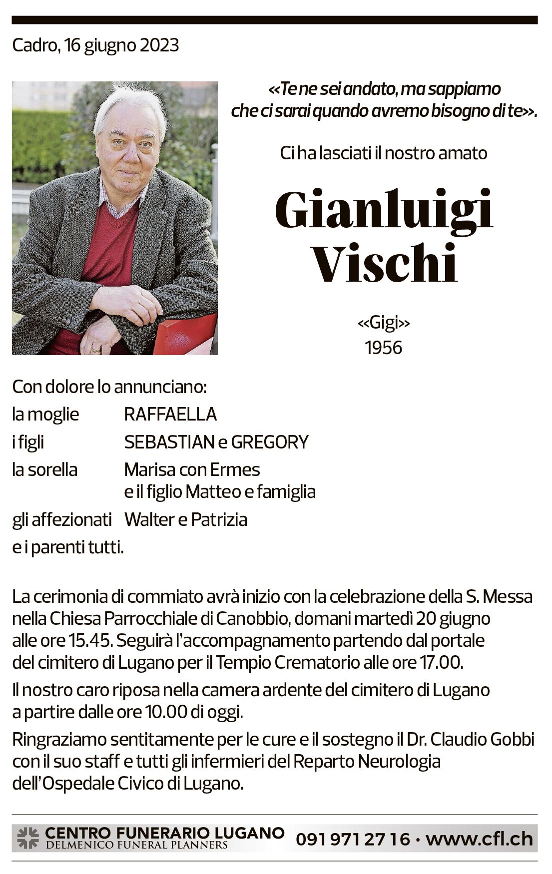 Annuncio funebre Gianluigi Vischi