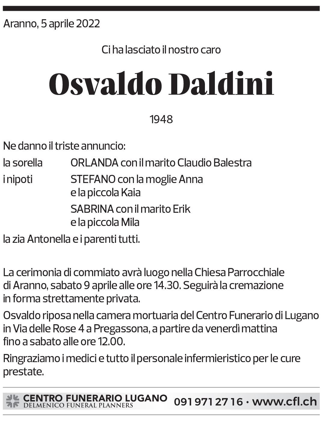 Annuncio funebre Osvaldo Daldini