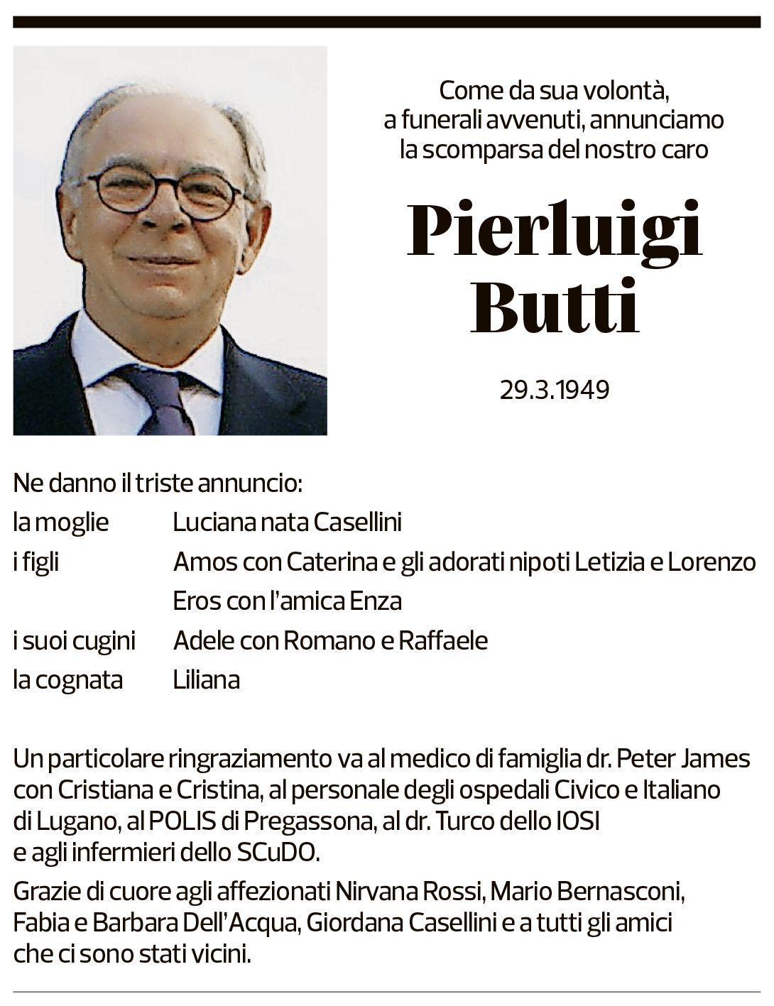 Annuncio funebre Pierluigi Butti