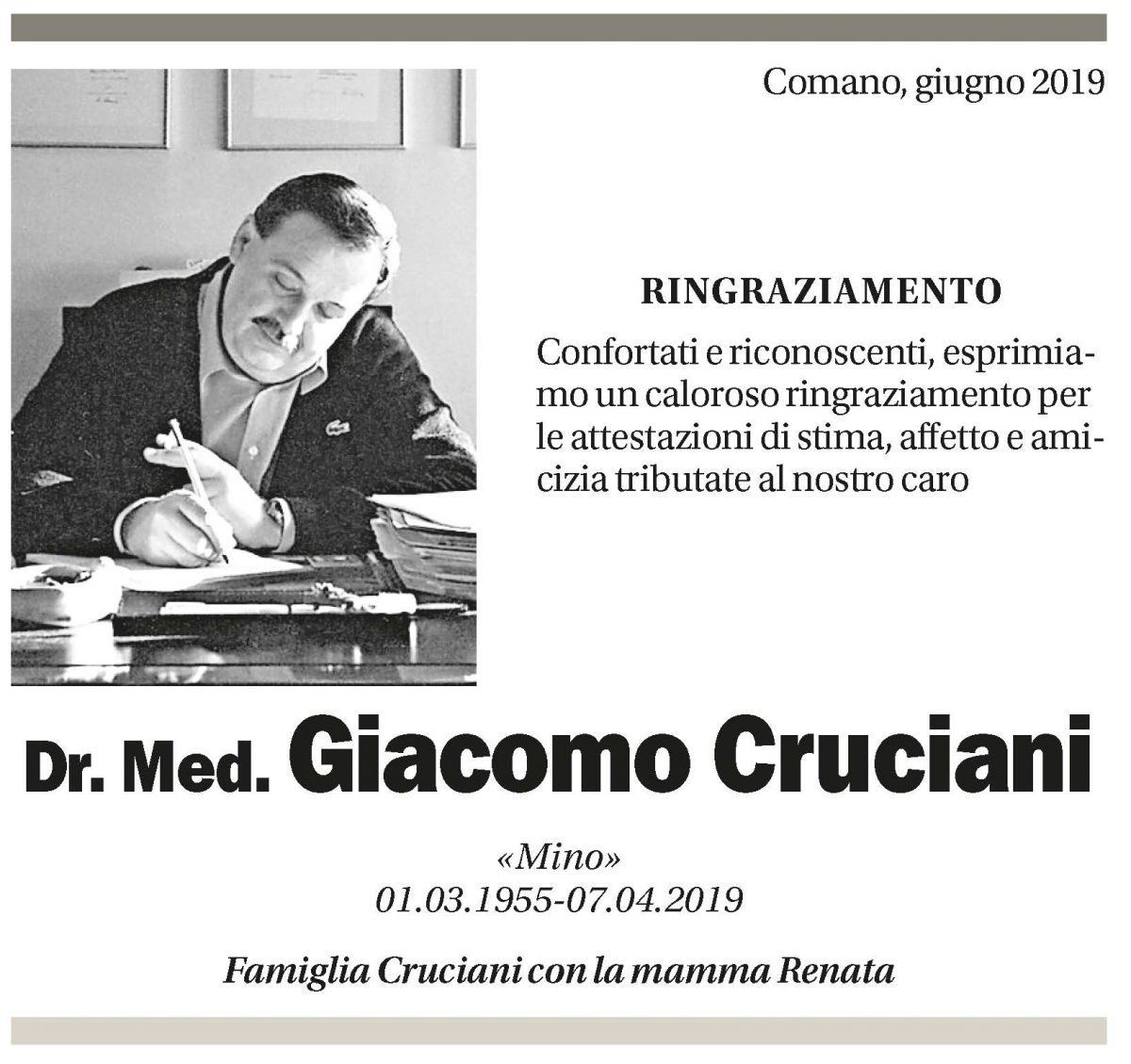 Annuncio funebre Giacomo Cruciani