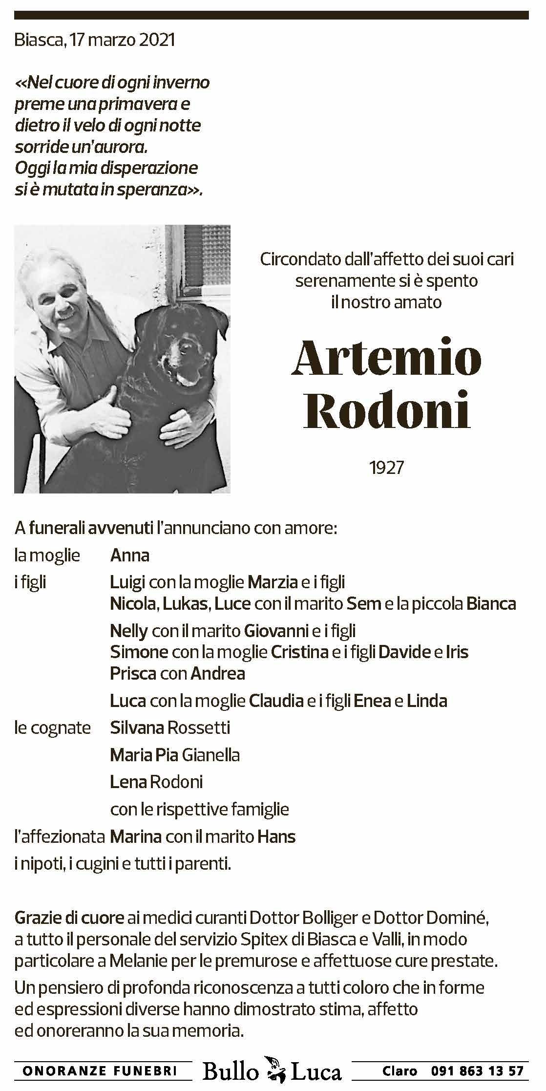 Annuncio funebre Artemio Rodoni