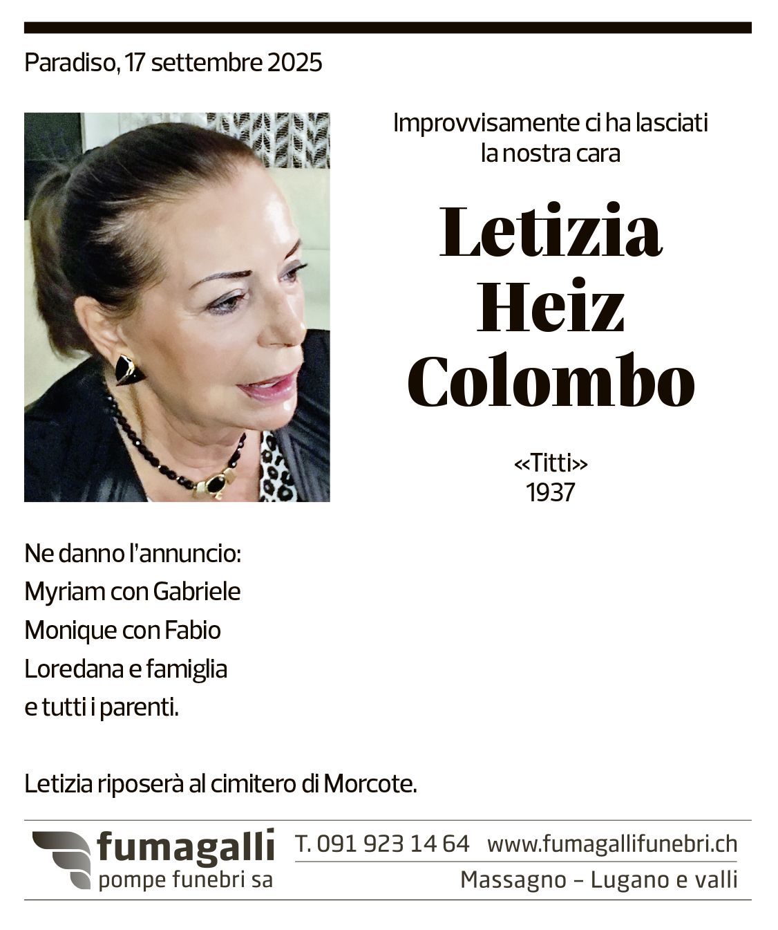 Annuncio funebre Letizia Heiz Colombo