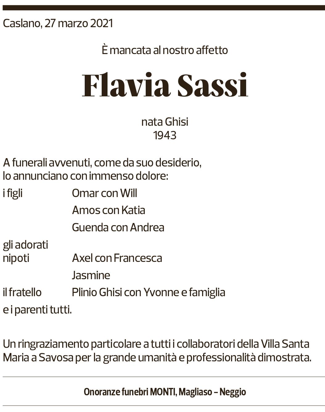 Annuncio funebre Flavia Sassi