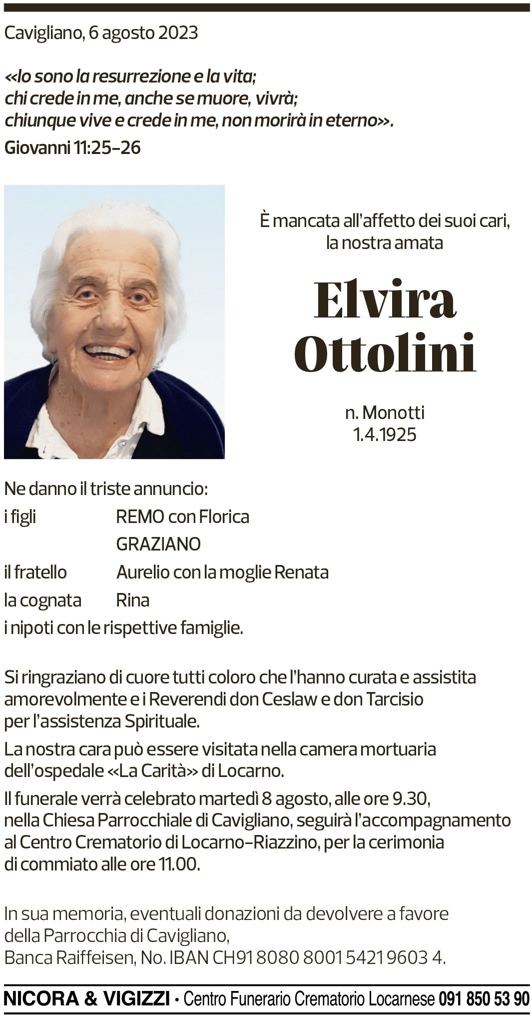 Annuncio funebre Elvira Ottolini