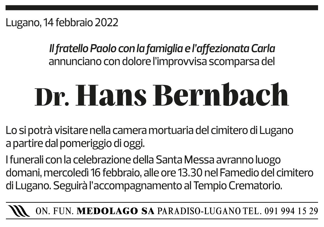 Annuncio funebre Hans Bernbach