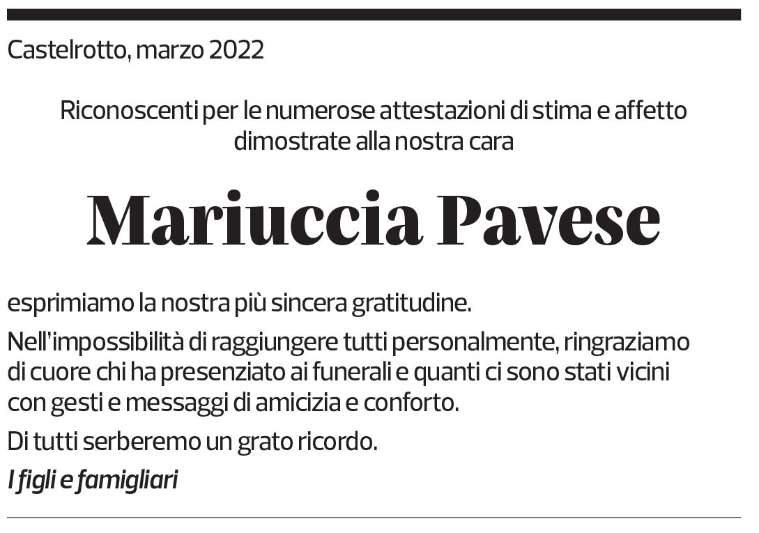 Annuncio funebre Mariuccia Pavese