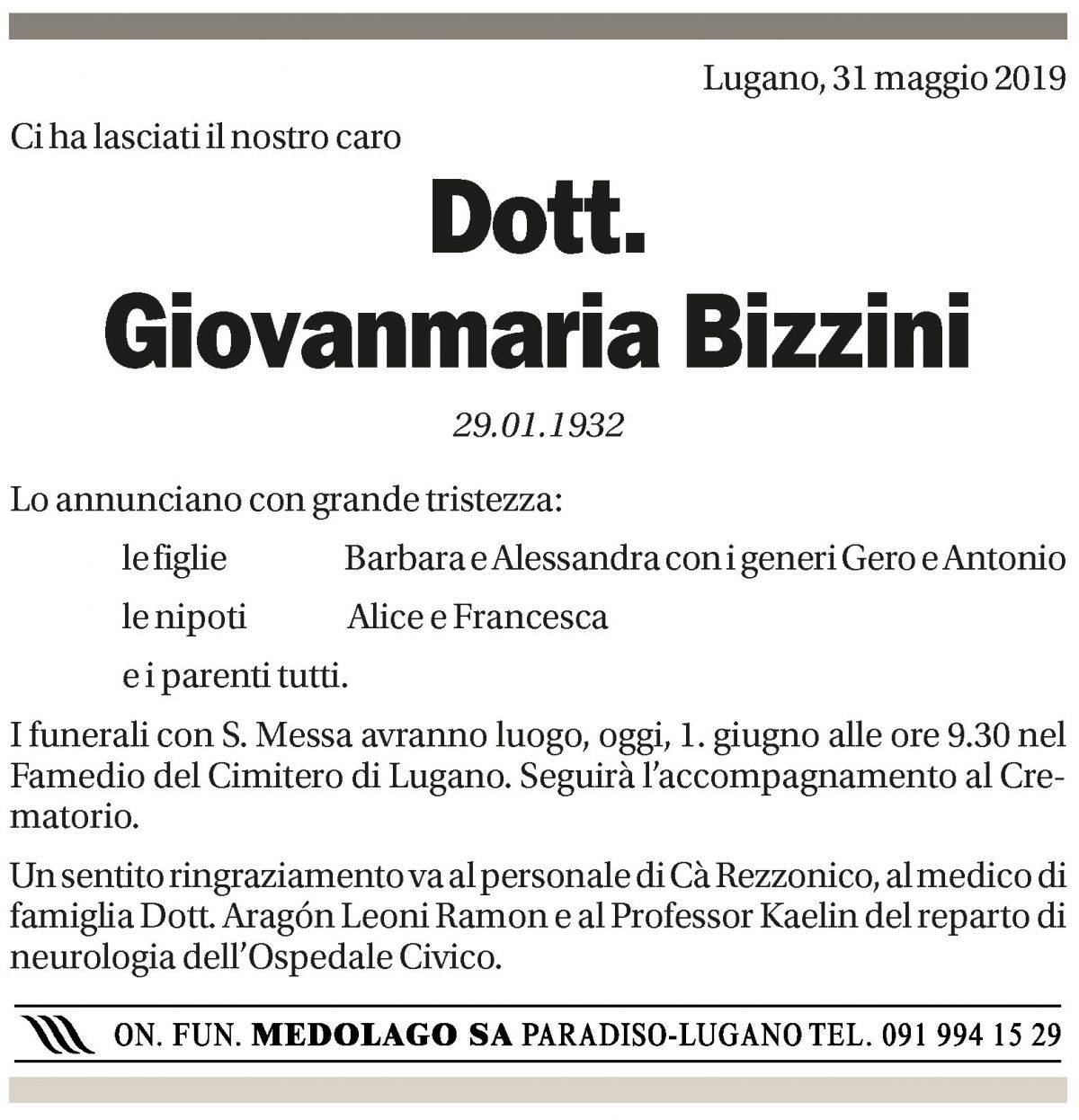 Annuncio funebre Giovanmaria Bizzini