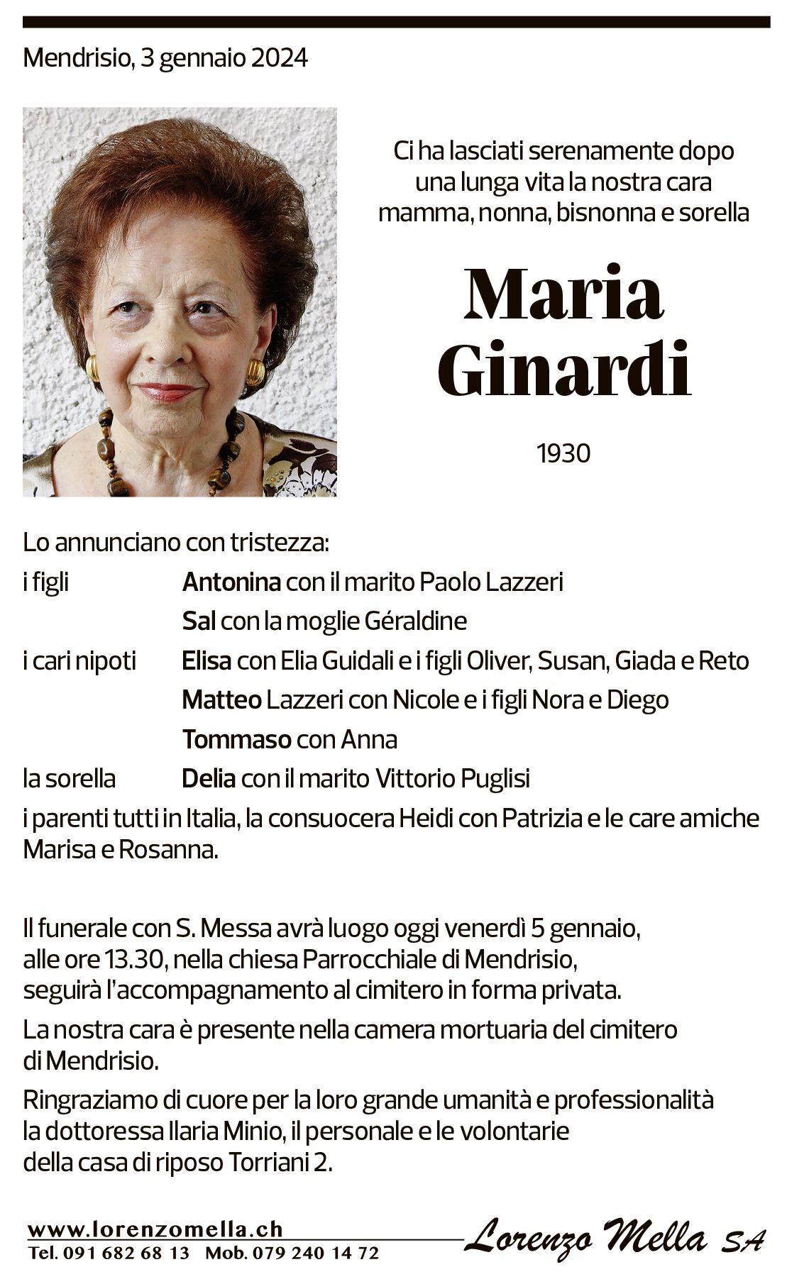 Annuncio funebre Maria Ginardi