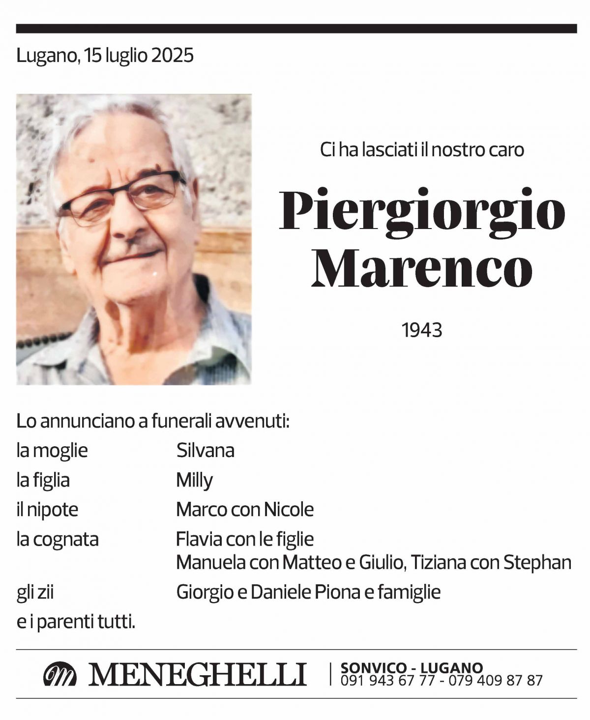 Annuncio funebre Piergiorgio Marenco