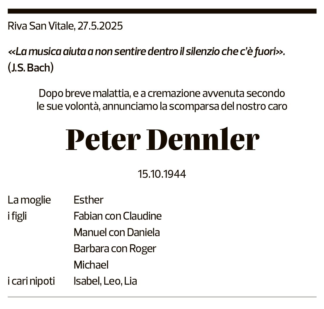 Annuncio funebre Peter Dennler