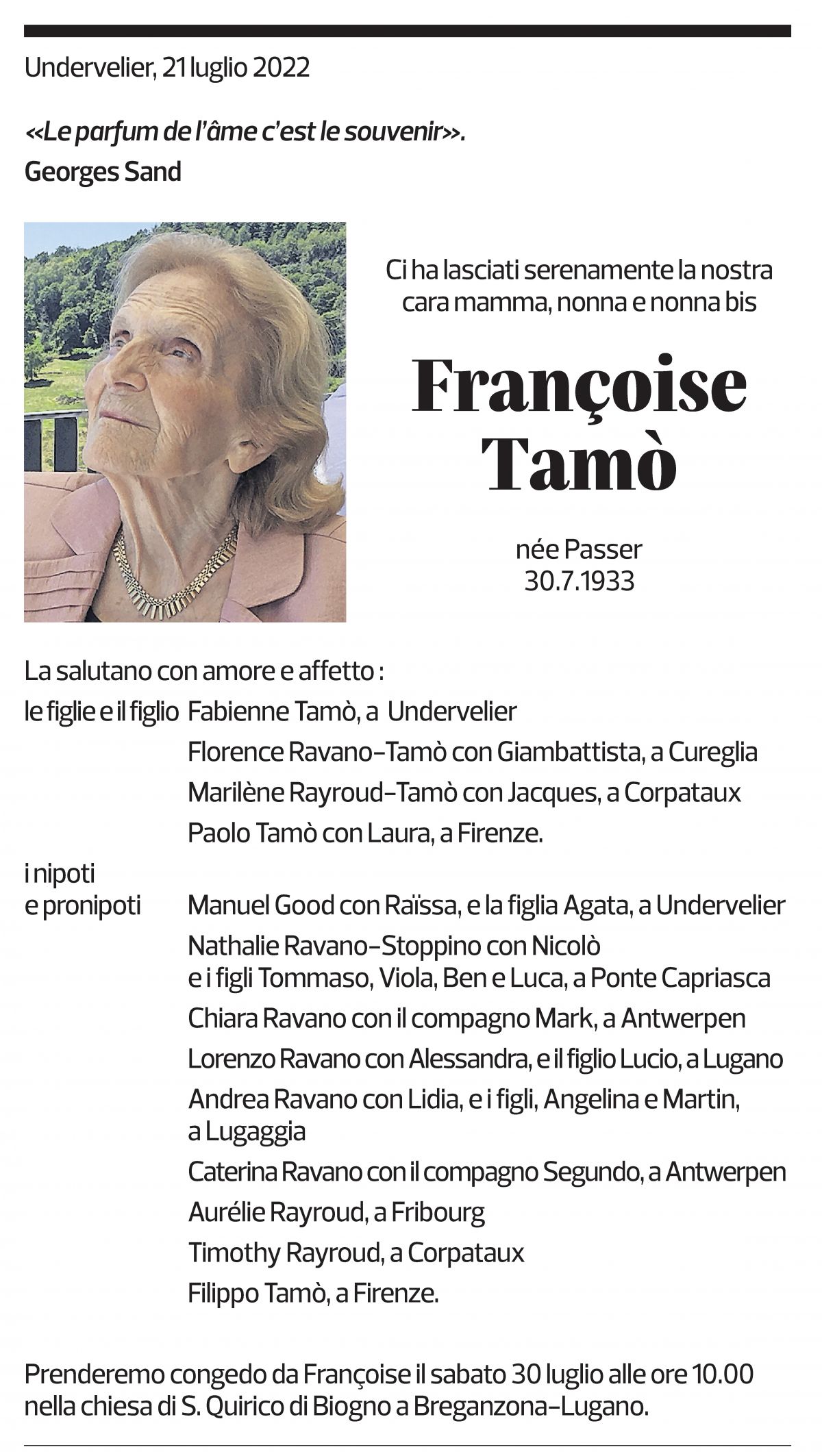 Annuncio funebre Françoise Tamò