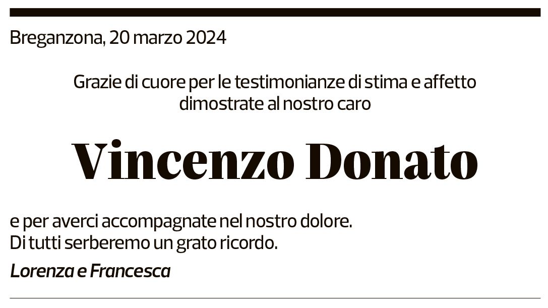 Annuncio funebre Vincenzo Donato