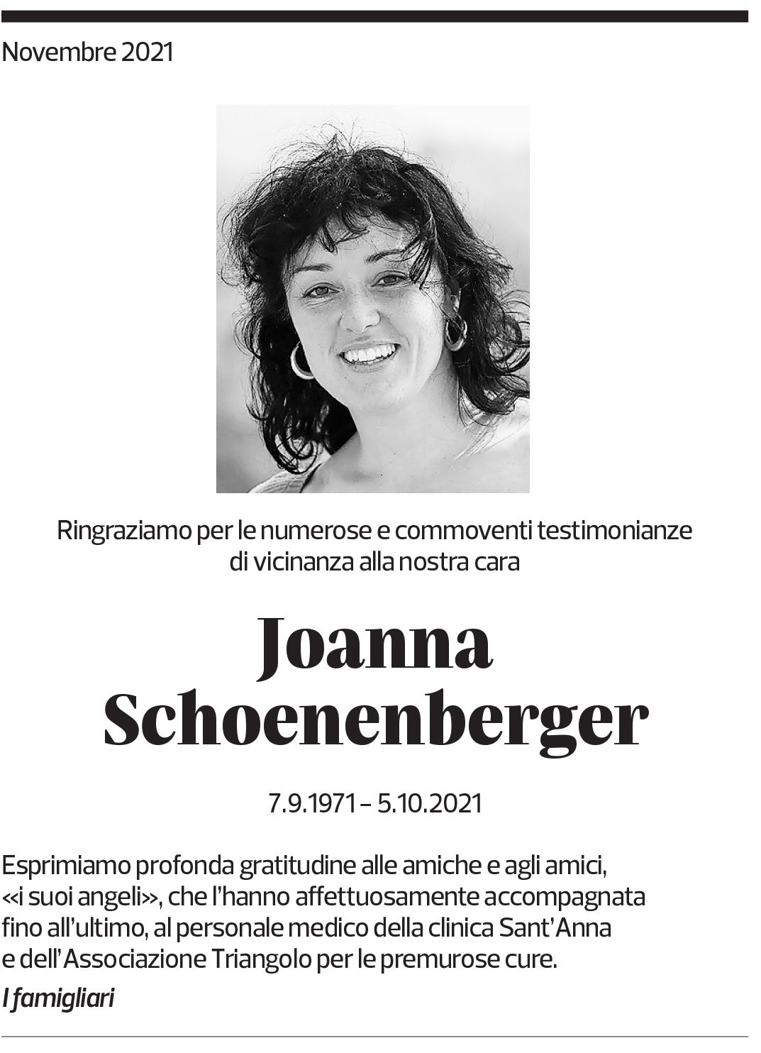 Annuncio funebre Joanna Schoenenberger