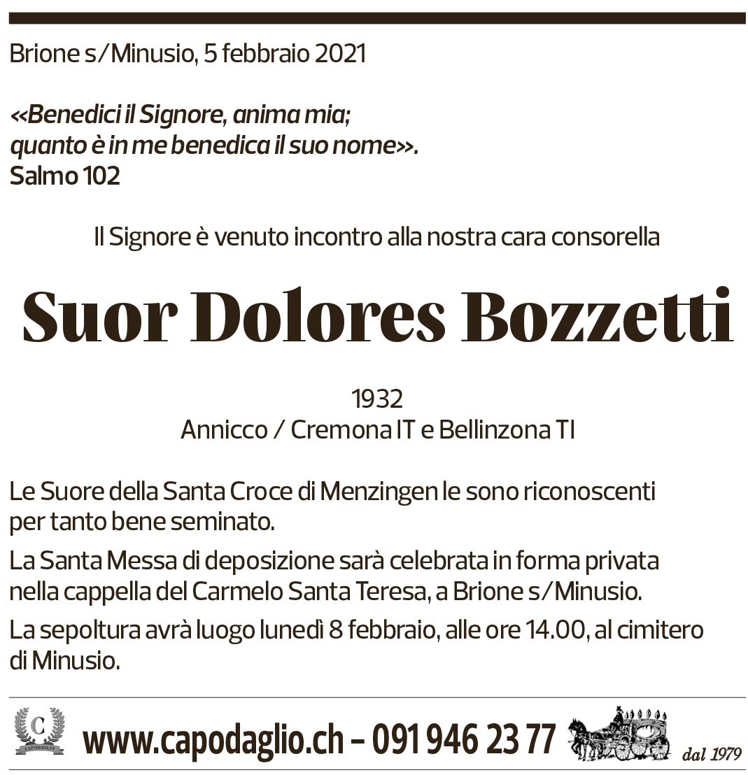 Annuncio funebre Suor Dolores Bozzetti