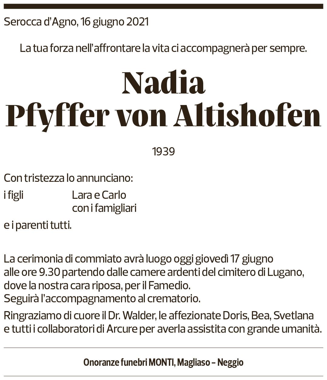 Annuncio funebre Nadia Pfyffer Von Altishofen