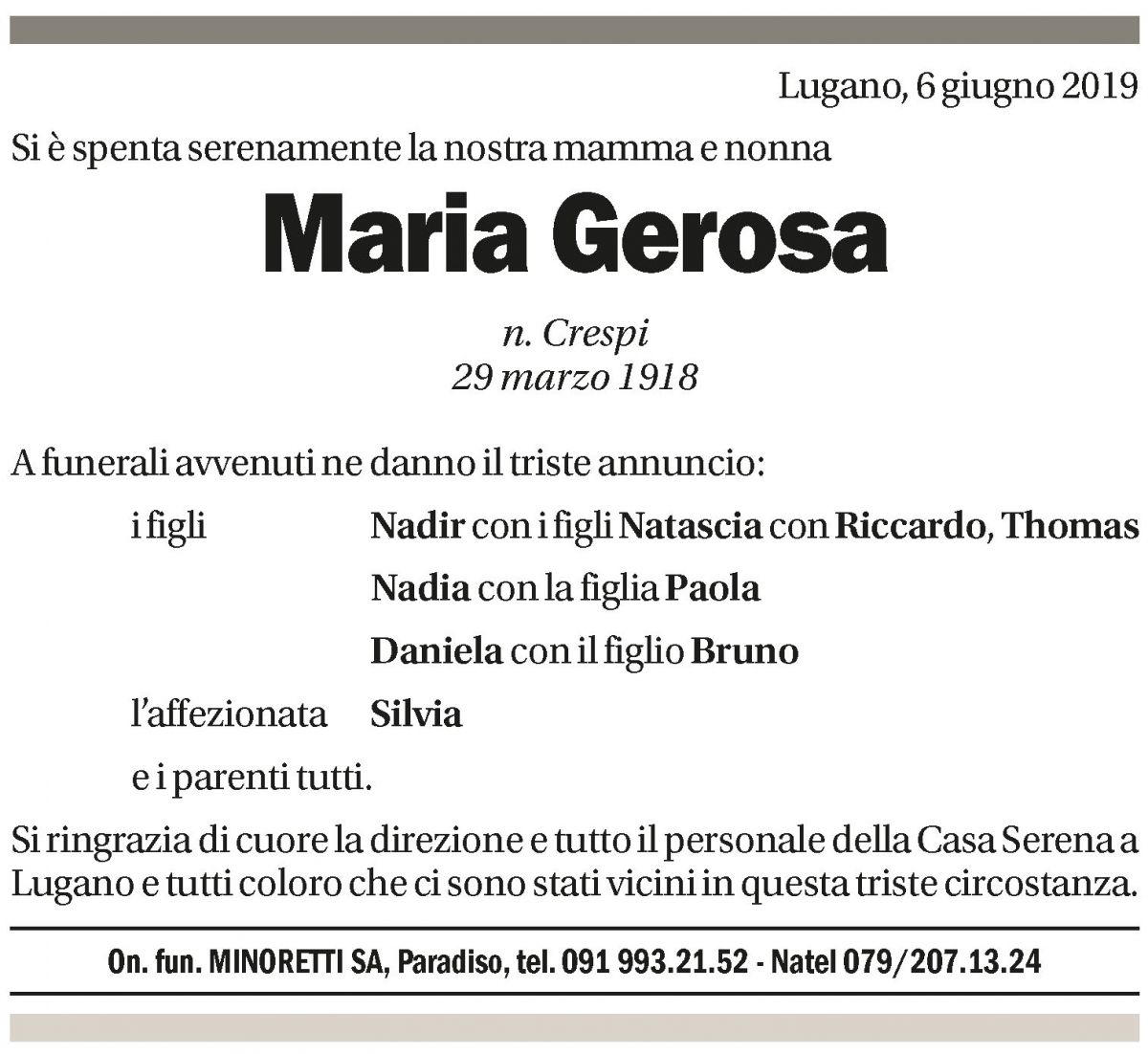 Annuncio funebre Maria Gerosa