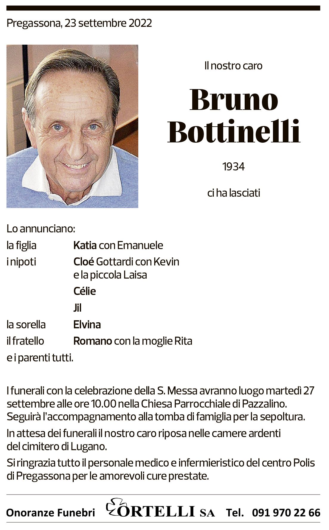 Annuncio funebre Bruno Bottinelli