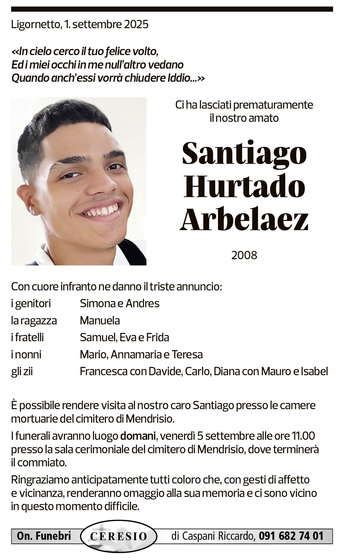 Annuncio funebre Santiago Hurtado Arbelaez