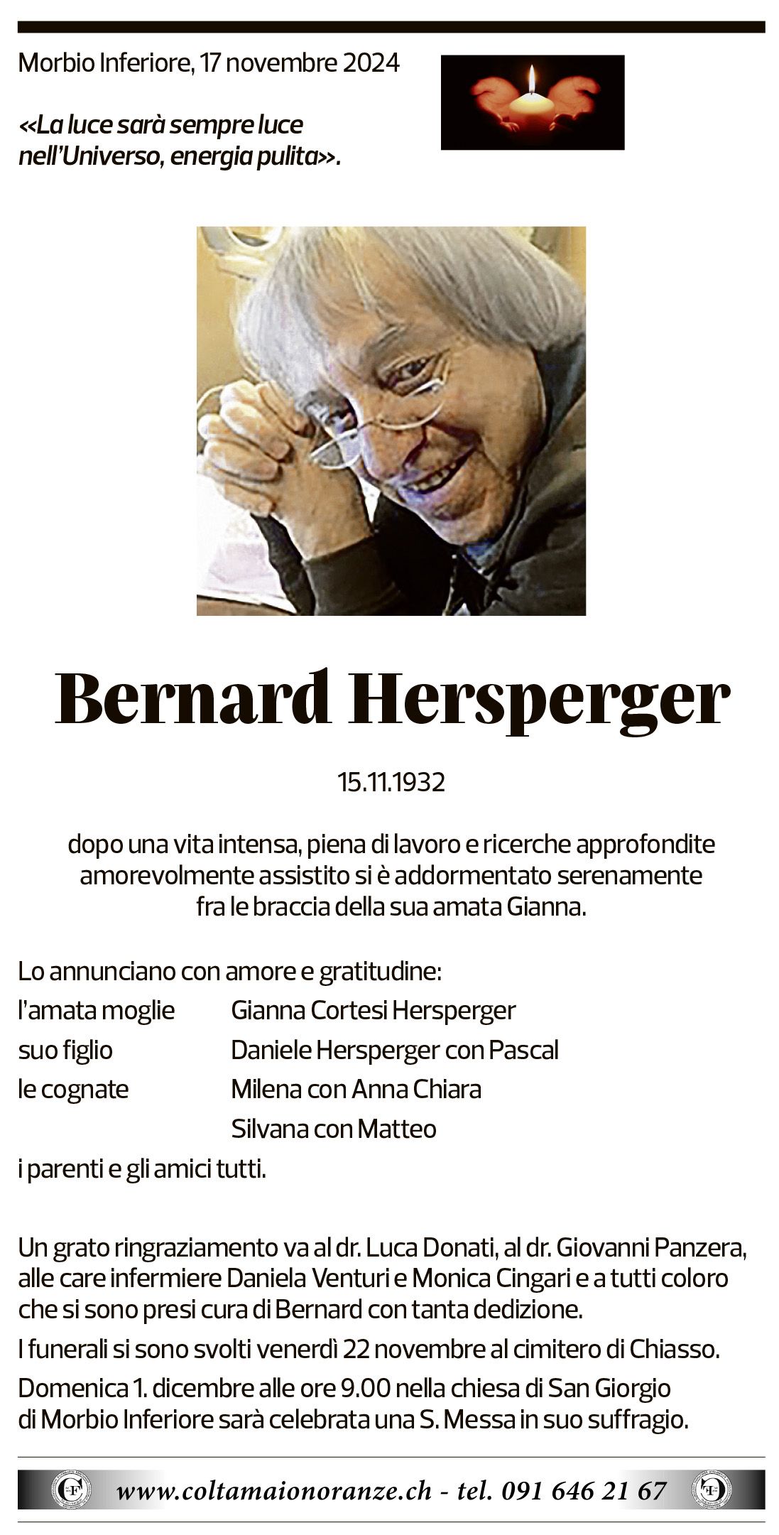 Annuncio funebre Bernard Hersperger