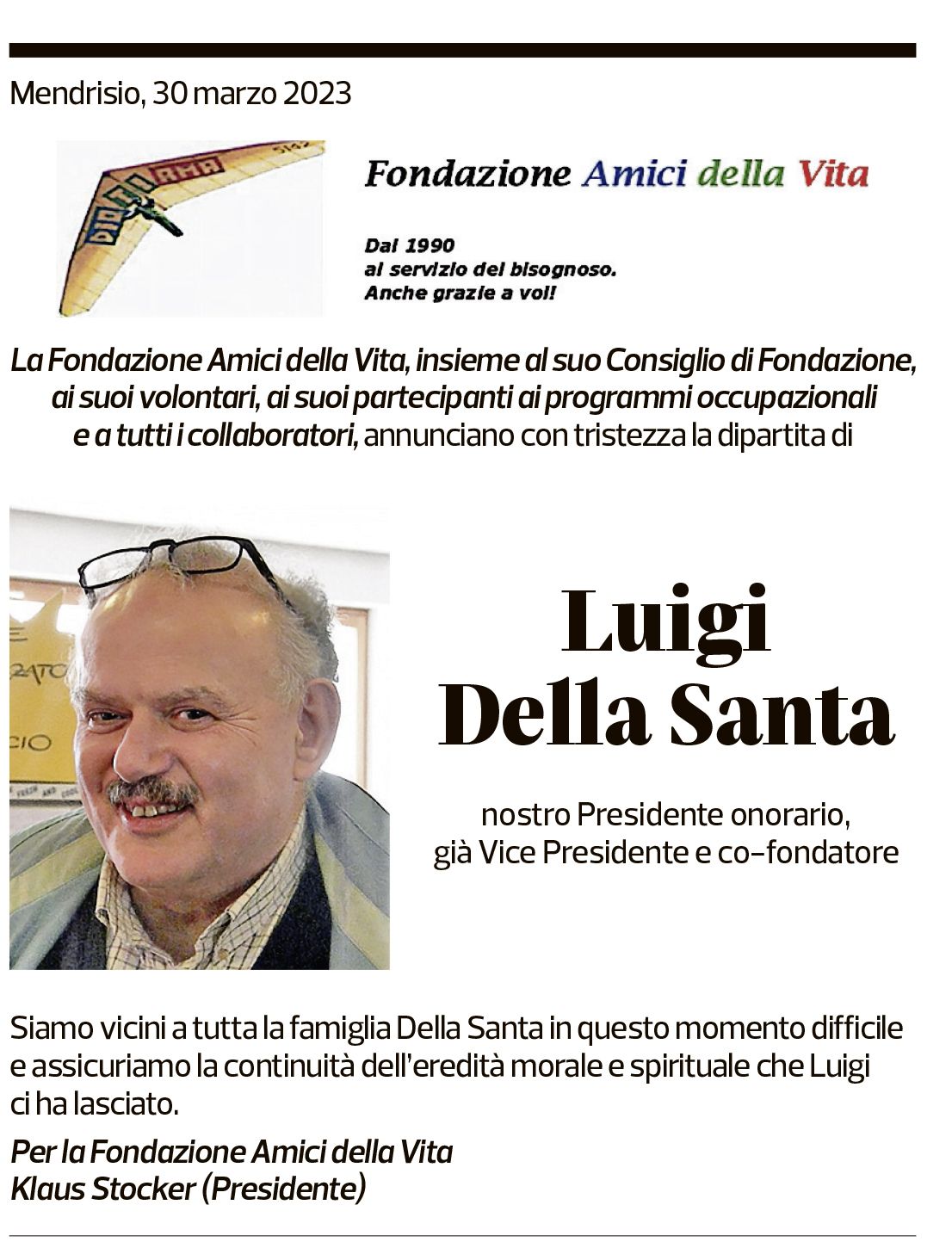 Annuncio funebre Luigi Della Santa