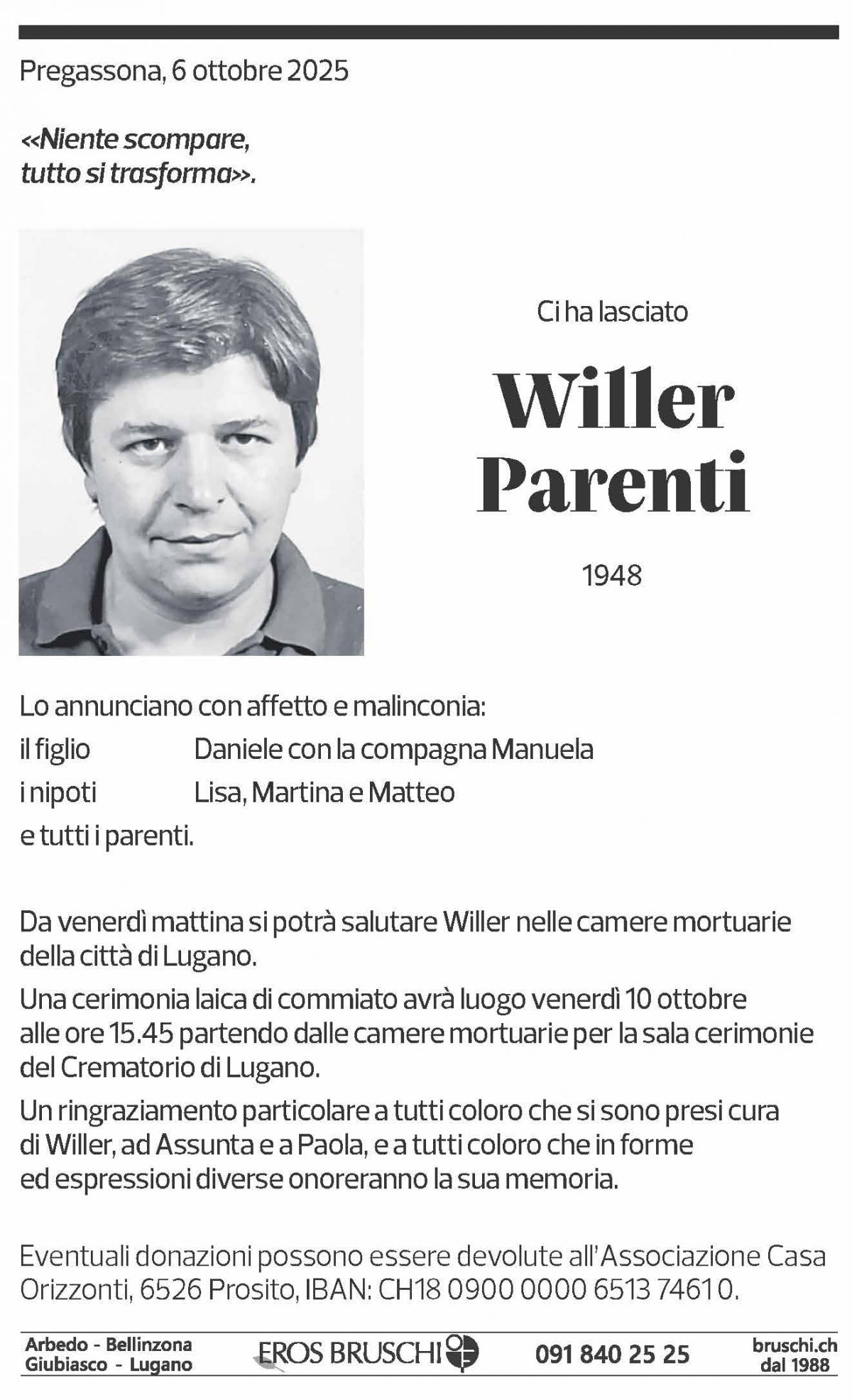 Annuncio funebre Willer Parenti