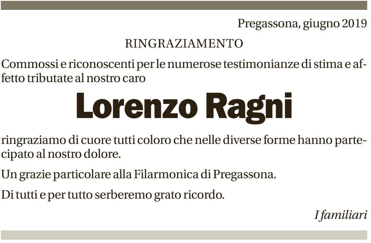 Annuncio funebre Lorenzo Ragni