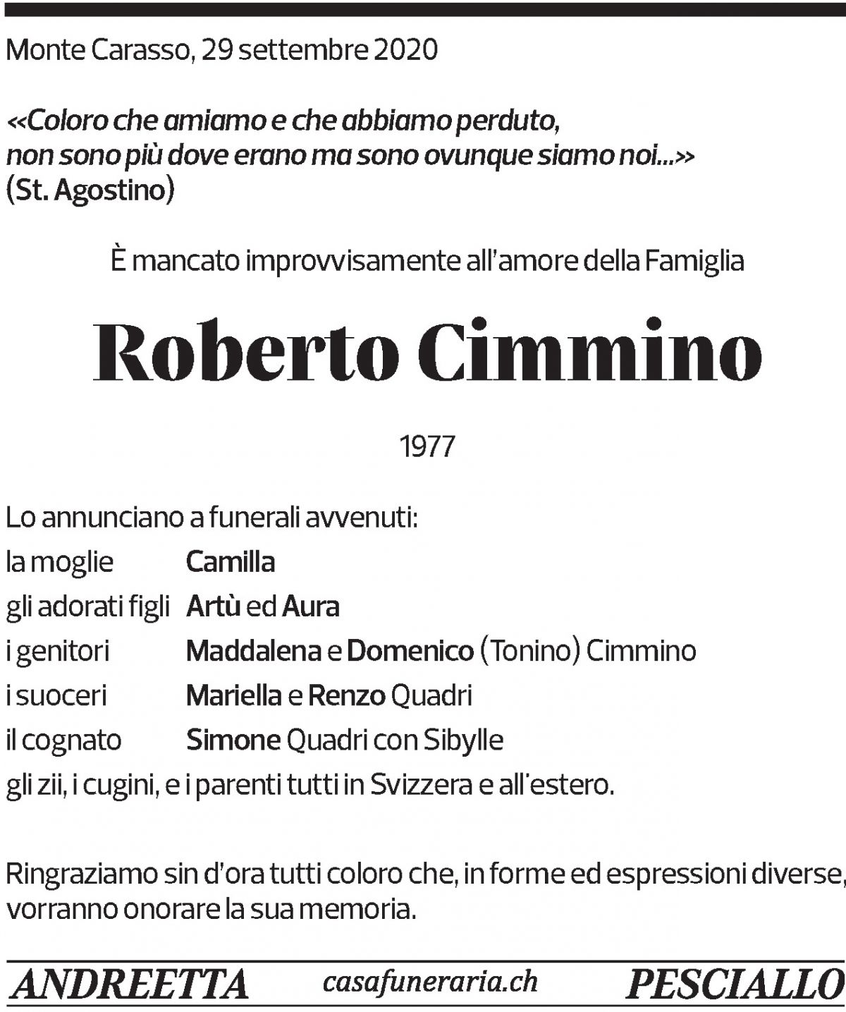 Annuncio funebre Roberto Cimmino