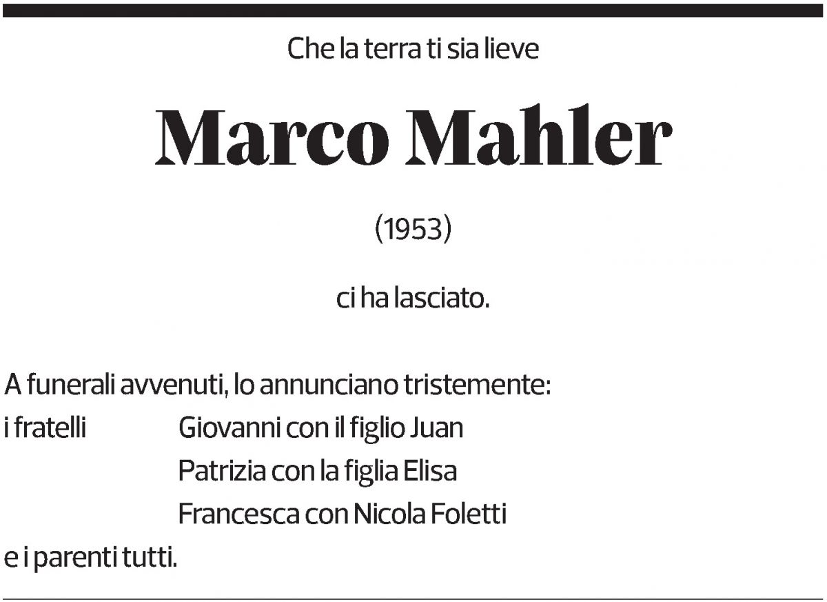Annuncio funebre Marco Mahler