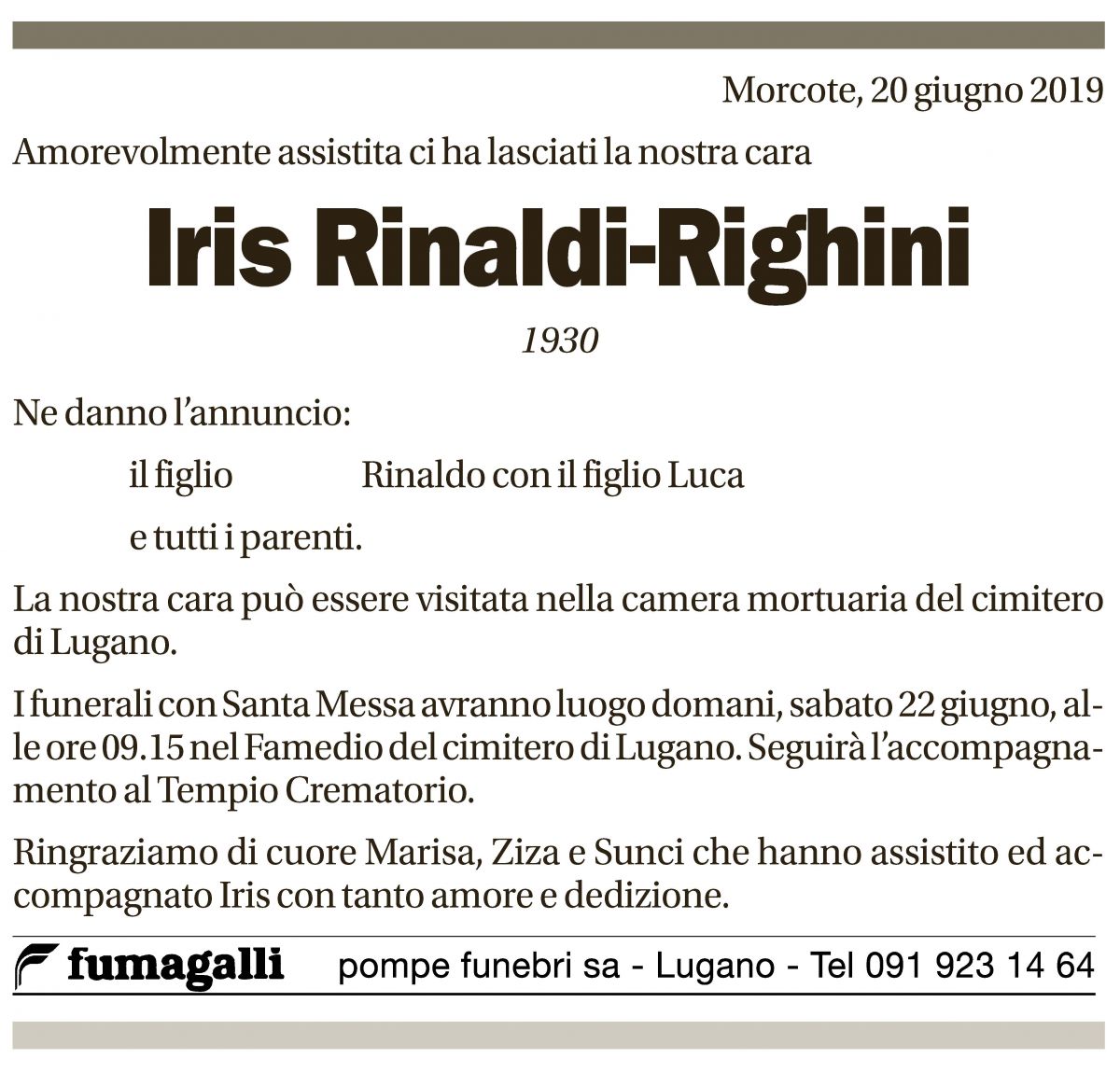 Annuncio funebre Iris Rinaldi-righini