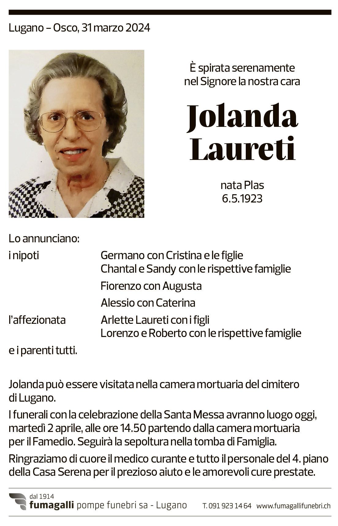 Annuncio funebre Jolanda Laureti