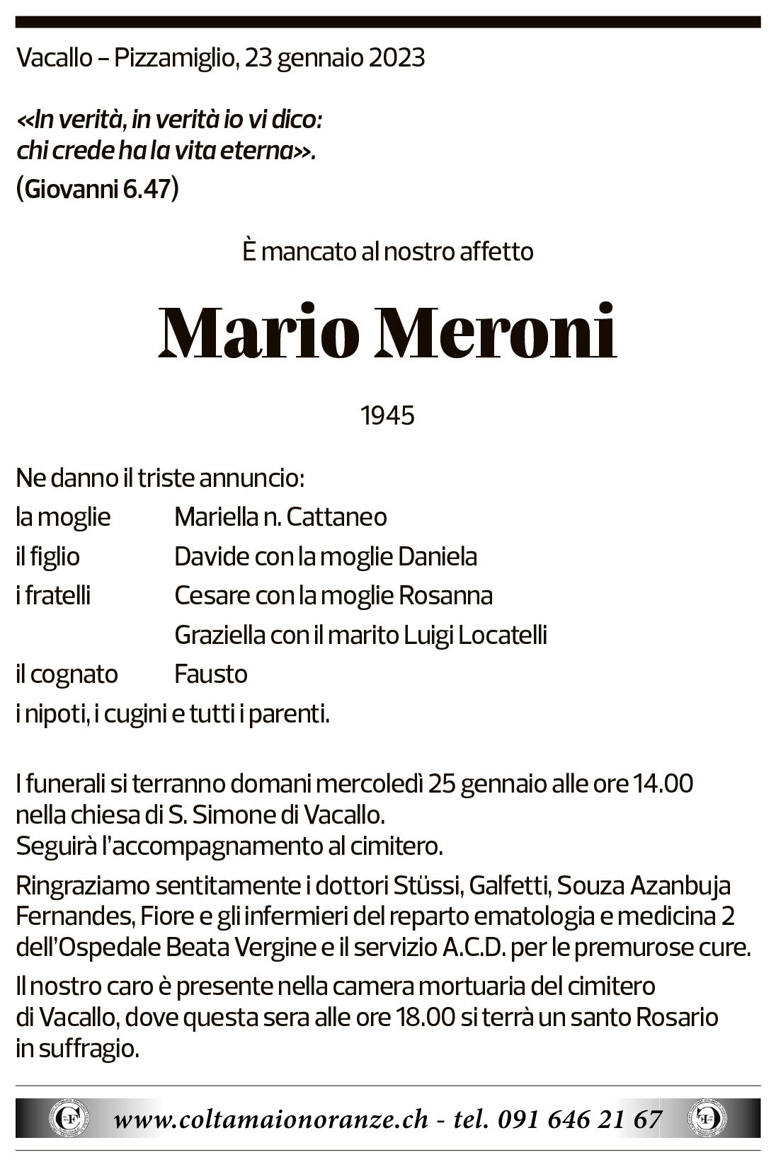 Annuncio funebre Mario Meroni