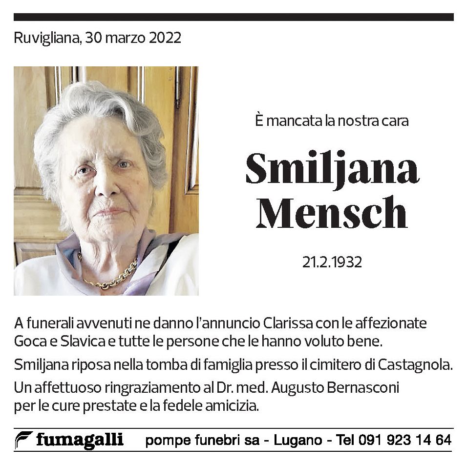 Annuncio funebre Smiljana Mensch