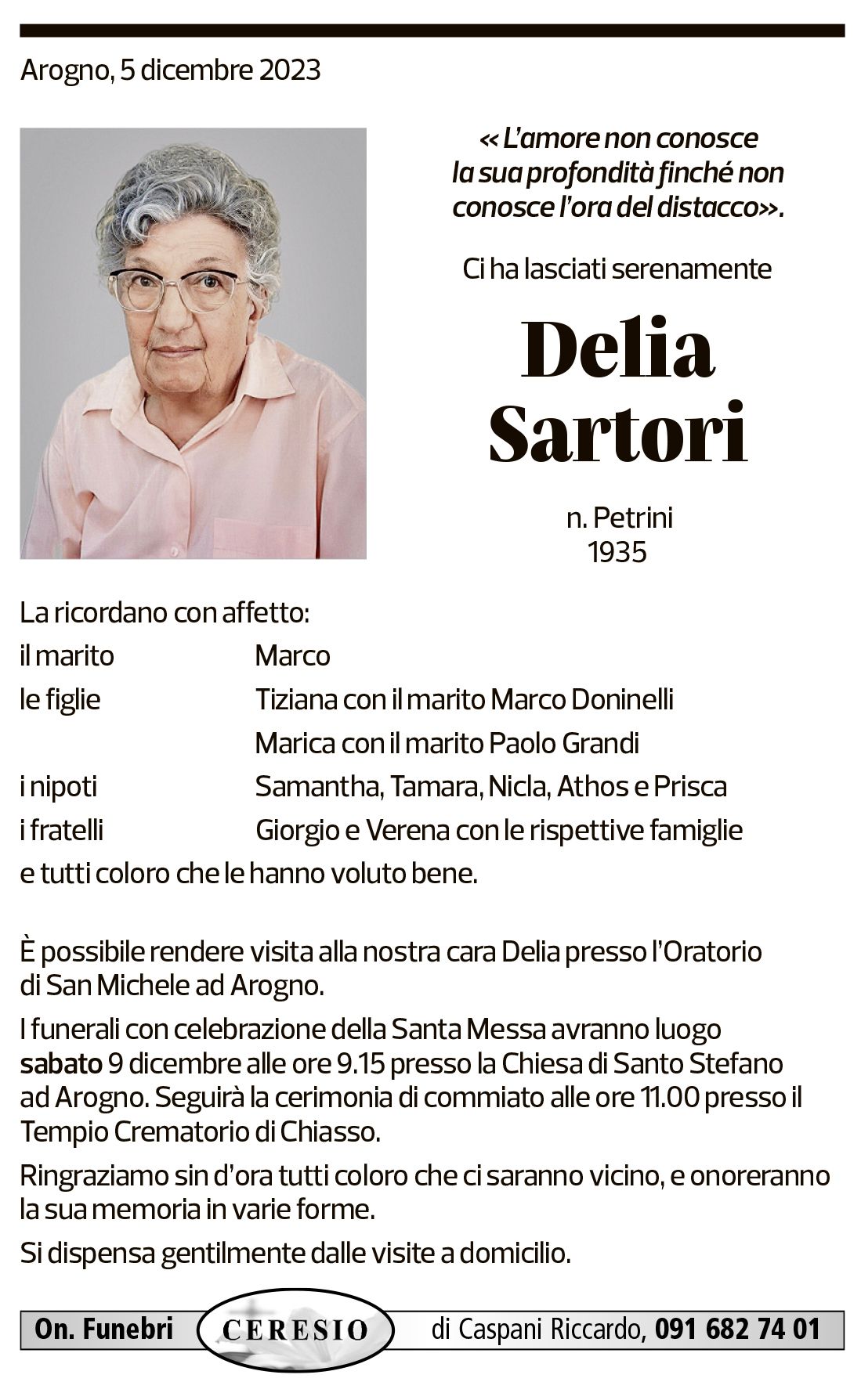 Annuncio funebre Delia Sartori